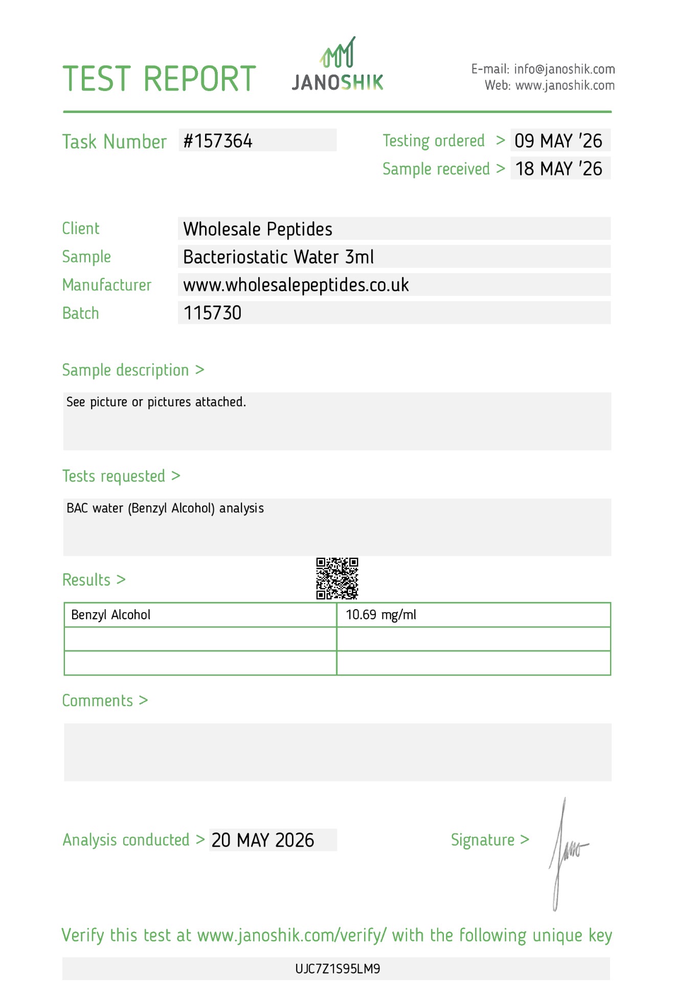 3ml Bac Water Janoshik Report Wholesale Peptides