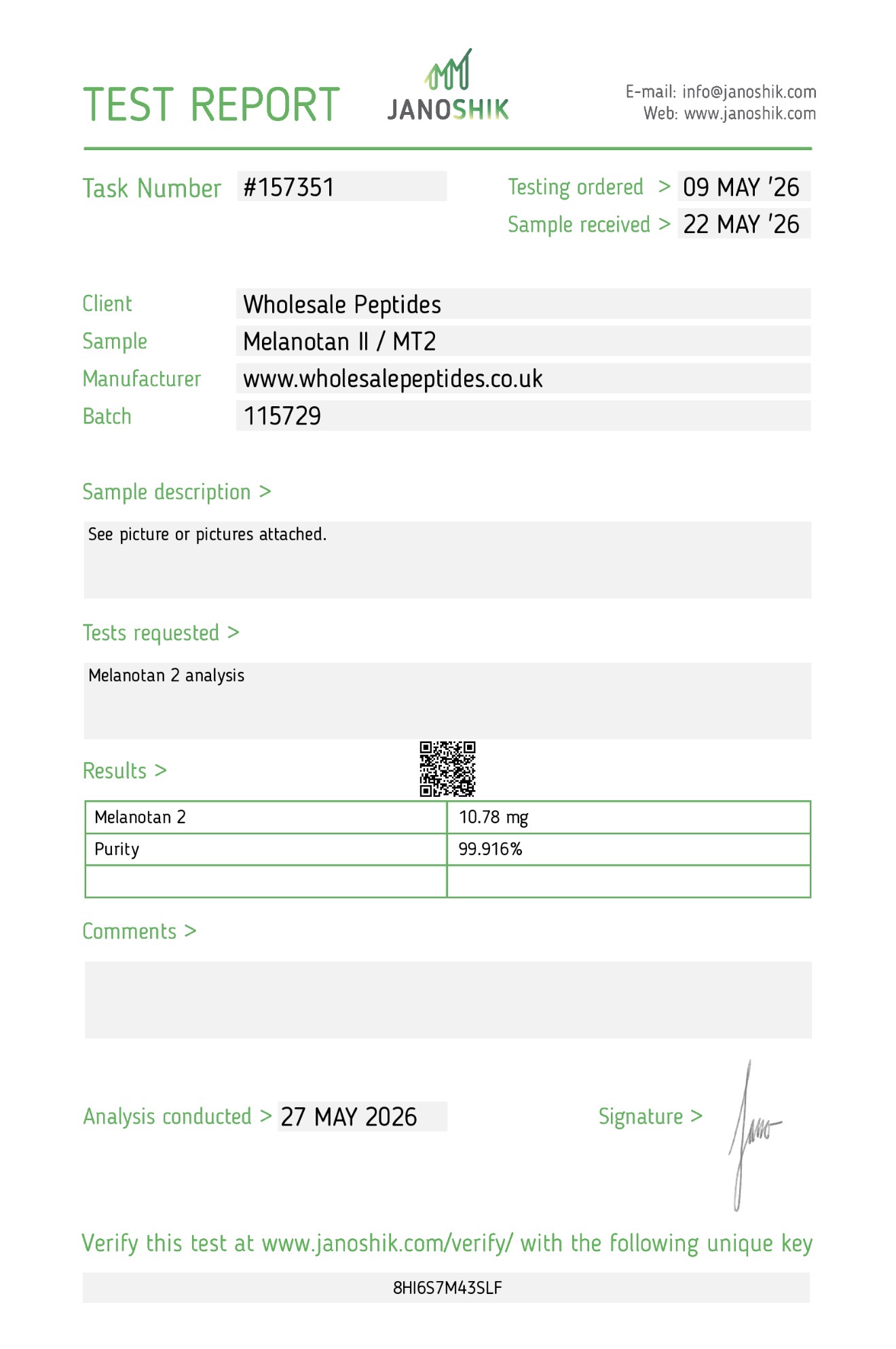 MT2 Melanotan Janoshik Report Wholesale Peptides
