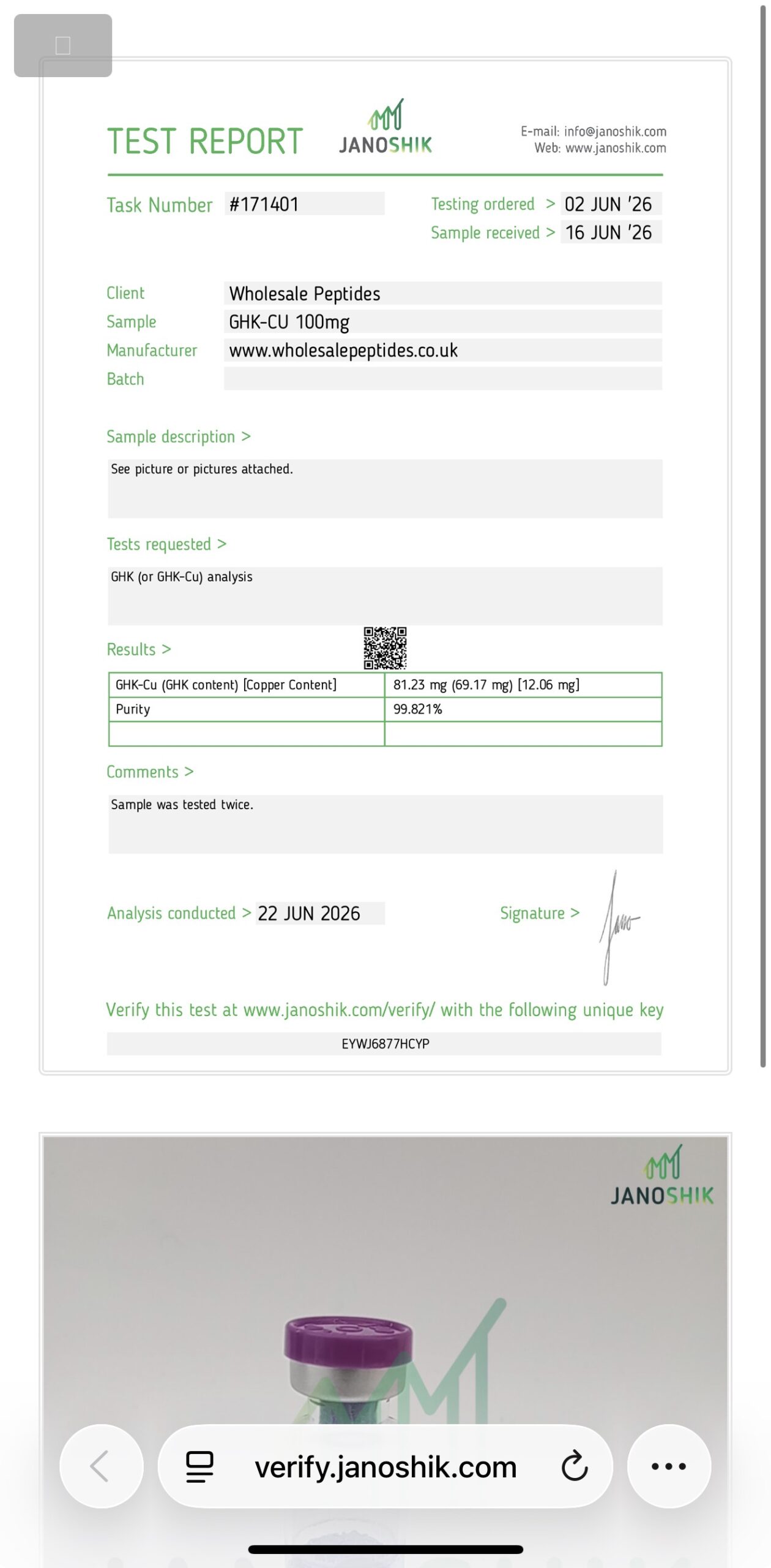 GHK-Cu Purity Janoshik Report Wholesale Peptides