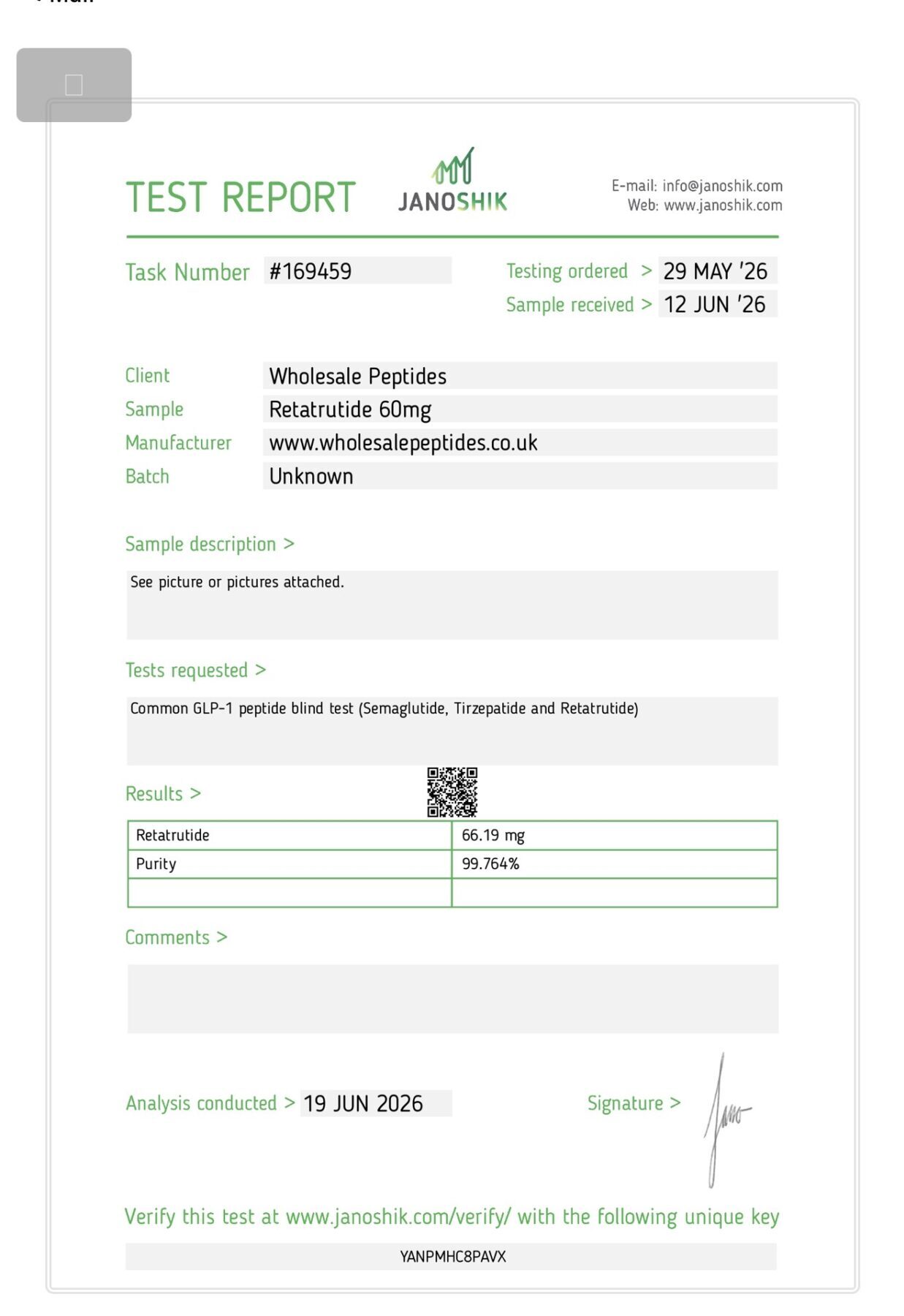 Retatrutide 60mg Janoshik Report Wholesale Peptides