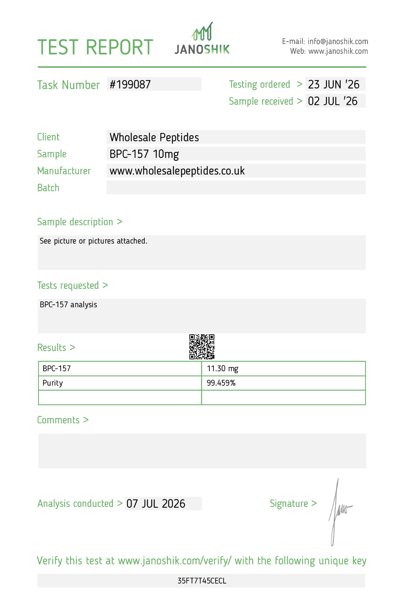 BPC-157 10mg Janoshik Report Wholesale Peptides