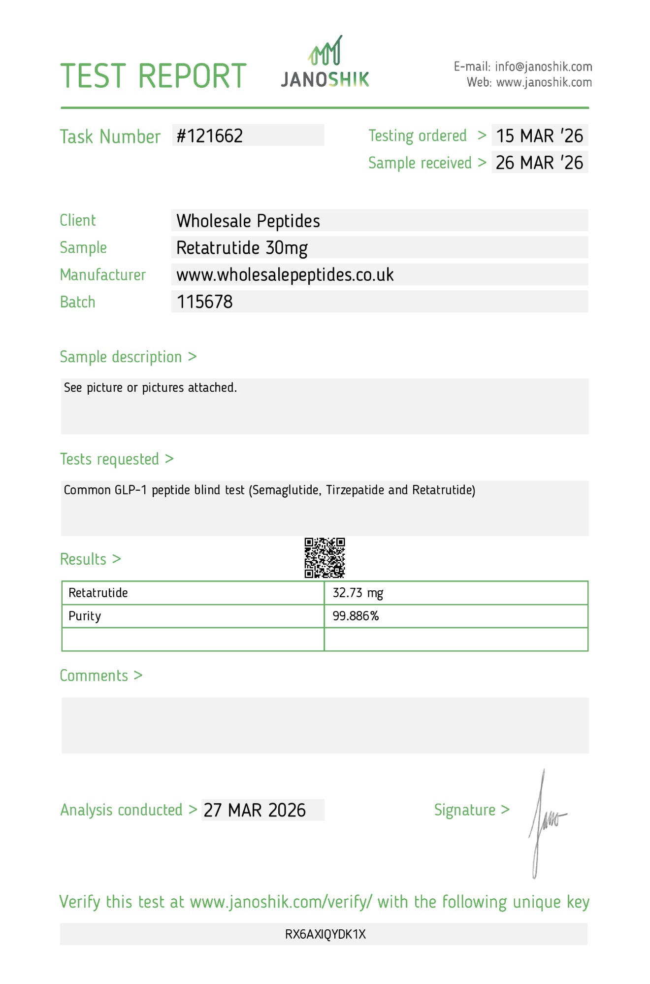 Retatrutide 30mg Janoshik Report Wholesale Peptides